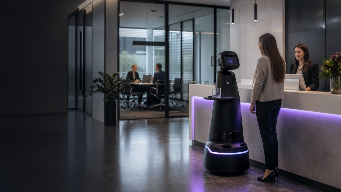 Fachkraft Robotics Roboter in einem modernen Büro- und Empfangsbereich