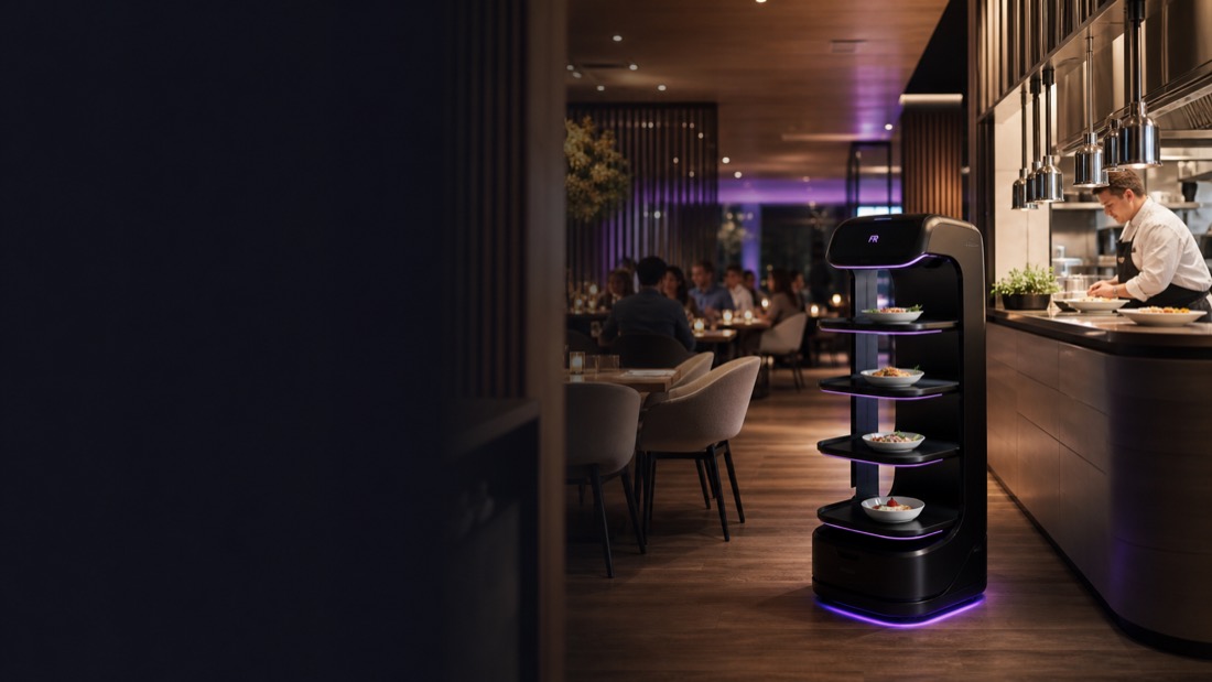 Fachkraft Robotics Serviceroboter in einem modernen Hotel- und Gastronomieumfeld