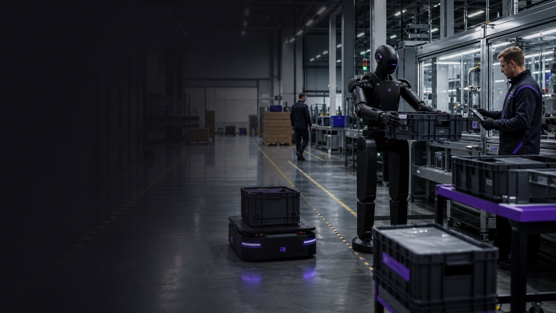 Fachkraft Robotics Roboter in einer deutschen Industrie- und Logistikhalle