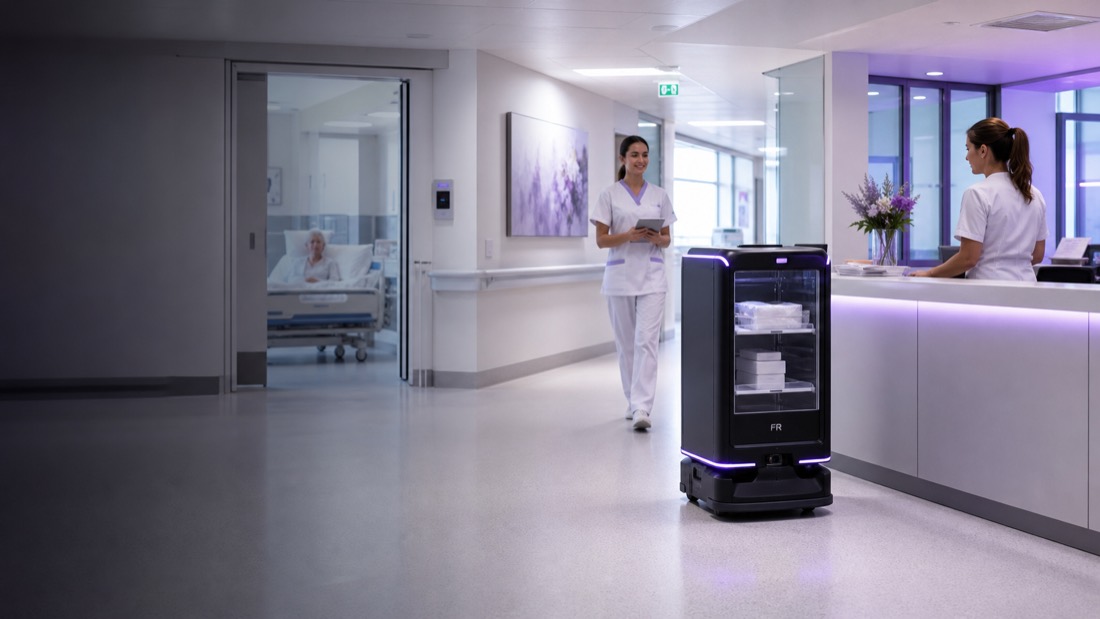 Fachkraft Robotics Lieferroboter in einer hellen Klinik- und Pflegeumgebung