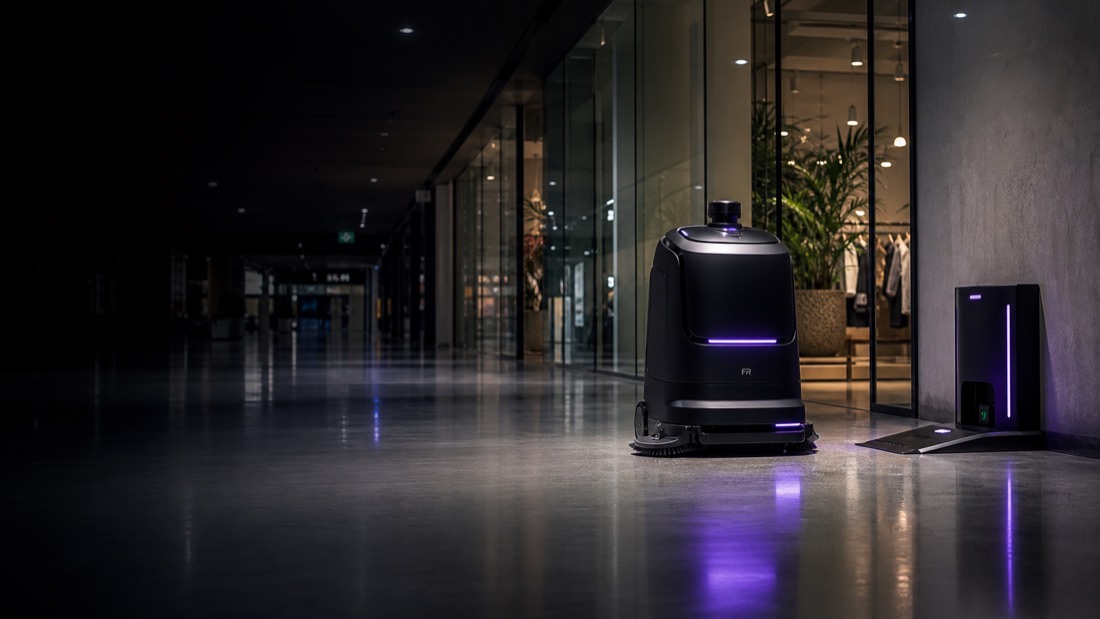 Fachkraft Robotics Reinigungsroboter auf einer gewerblichen Facility-Fläche